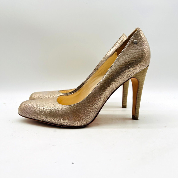Coach Heels Womens 8 Gold Leather Shoes Stiletto Cocktail Metallic Wedding Pumps - Picture 4 of 11